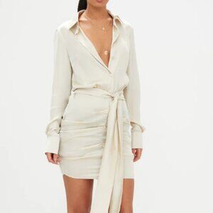 Champagne Satin Ruched Shirt Dress